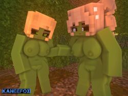 2girls 3d big_breasts ella_(kaneefox) erect_nipples forest green_body green_eyes kaneefox lys_(kaneefox) mine-imator minecraft nude_female outside ponytail tagme wet_pussy zombie_girl zombie_girl_(kaneefox)