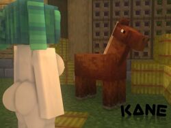 1boy 1girls 3d ass blue_eyes breasts carol_(kaneefox) comic green_hair horny_female horse_(minecraft) horsecock kaneefox mine-imator minecraft nude_female outside tagme wet_pussy zombie_girl