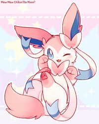 2019 blush chikorita_moon cute_fang ears_outwards eeveelution female fluffy fluffy_ears fur hi_res nintendo one_eye_closed open_mouth paws pink_fur pokemon pussy smile smiling sylveon video_games