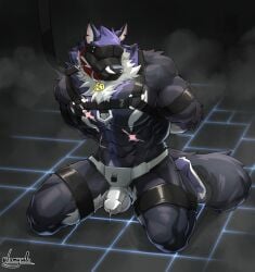 2020 abdominal_scar abs anthro barazoku biceps big_muscles biped blindfold bodily_fluids bondage bound canid canine canis chastity_cage chastity_device collar collar_tag fog fur genital_fluids hands_behind_back hands_tied harness hi_res kamyuelo kneeling kneeling_on_ground leaking_precum leash leashed_collar legs_tied male mammal metal_chastity_cage muscular muscular_anthro muscular_male muscular_sub muzzle_(object) muzzled notched_ear pecs petplay precum purple_body purple_fur roleplay scar solo submissive submissive_anthro submissive_male white_body white_fur wolf
