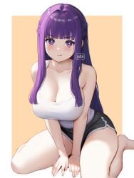 absurdres alternate_costume arm_support artist_name bare_arms bare_shoulders barefoot between_thighs black_shorts blunt_bangs blush border breasts camisole cleavage closed_mouth dolphin_shorts feet female fern_(sousou_no_frieren) highres large_breasts leaning_forward long_hair looking_at_viewer outside_border pout purple_eyes purple_hair purple_pupils regiana_(jubi) short_shorts shorts sidelocks sitting solo sousou_no_frieren straight_hair very_long_hair wariza white_border white_camisole yellow_background