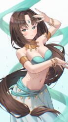 belly_dance belly_dancer belly_dancer_outfit belly_dancing bracelet breasts circlet cleavage collar dancer dancer_outfit dancing gold_(metal) harem_girl harem_outfit harem_pants jewelry large_breasts midriff nail_polish navel neil_(neil_nim) original original_character performance performing seductive seductive_look seductive_smile teal_eyes veil