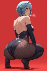 ai_generated ass back_view eula_(genshin_impact) fat_ass feet fishnets from_behind genshin_impact huge_ass legs medium_breasts pantyhose perfect_body red_background sitting slutty_outfit steamy_breath thighhighs tight_ass tight_clothing