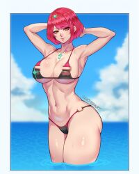 1girls abs athletic_female big_breasts breasts chest_jewel cowboy_shot female_abs fit_female florida_bikini high_res looking_at_viewer luchidart milf navel nintendo orange_eyes pyra red_hair short_hair smile swept_bangs tiara xenoblade_(series) xenoblade_chronicles_2