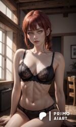 ai_generated anime bra braid chainsaw_man lace lace_bra lingerie makima_(chainsaw_man) panties primo_aiart red_hair single_braid solo solo_female yellow_eyes