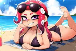 aged_up ai_generated beach bikini ewwww_ai laying_on_stomach novelai octoling octoling_girl smiling_at_viewer splatoon splatoon_(series) sunglasses