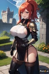 1girls ai_generated armor armored_boots armored_gloves castle full_body garden huge_ass huge_breasts large_breasts muscular_female ponytail pornx.ai red_hair round_ass standing straight_hair thick_thighs white_skin white_skinned_female