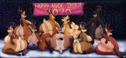 antlers anus ass big_breasts big_butt breasts capreoline cervid female furry group horn huge_breasts huge_butt mammal nightmare-arts nude pussy reindeer snow thick_thighs