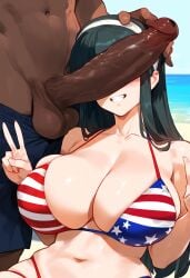 1boy 1girls ai_generated american_flag american_flag_bikini balls beach big_breasts bikini breasts cant_see_the_haters dark-skinned_male dark_skin female flag flag_bikini hand_on_head interracial light-skinned_female male owner_(artist) peace_sign penis penis_awe penis_in_front_of_face penis_on_face penis_out spy_x_family tagme yor_briar yor_forger