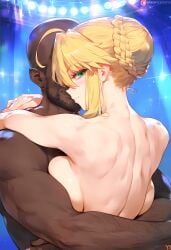 1boy 1girls ahoge ai_generated artoria_pendragon artoria_pendragon_(lancer) ass back bald bangs beard blonde_hair blush braid braided_bun breast_press breasts closed_mouth clothing completely_nude curvaceous curvaceous_female curvaceous_figure curvy curvy_figure dark-skinned_male dark_skin facial_hair fate/grand_order fate_(series) female female french_braid green_eyes hair_between_eyes hair_bun hug interracial large_breasts long_hair looking_at_viewer looking_back male manly nakatori nape nude patreon_username shoulder_blades sideboob sidelocks single_hair_bun smile straight swept_bangs tied_hair upper_body voluptuous voluptuous_female