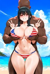 1boy 1girls ai_generated american_flag american_flag_bikini beach big_breasts bikini blush breast_grab breasts dark-skinned_male dark_skin double_peace_sign double_v female flag flag_bikini grabbing grabbing_breasts groping_breasts groping_from_behind human interracial light-skinned_female looking_at_viewer male red_eyes shocked spy_x_family straight tagme v yor_briar yor_forger