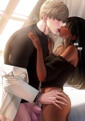 1boy1girl bare_back blush brown_skin couple half-dressed hands_on_hips kissing kissing_while_penetrated love love_and_deep_space married_couple muscular_male protagonist_(love_and_deep_space) sakimichan south_asian stud vaginal_penetration xavier_(love_and_deep_space)