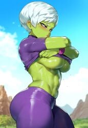 ai_generated cheelai creamy_ai curves curvy curvy_body dragon_ball dragon_ball_(series) dragon_ball_super female female_only green_skin purple_eyes short_female short_girl short_hair smaller_female tagme undress voluptuous_female white_hair wide_hips