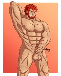 balls bara beard boner erection facial_hair fate_(series) felixexel iskandar_(fate) male male_only masturbation muscles muscular nude penis solo solo_male