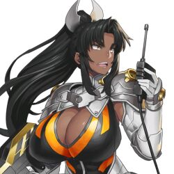 armor armored_female battle_suit battlesuit big_eyebrows black_hair cleavage color dark-skinned_female dark_skin female female_focus female_only female_soldier game_cg gun hair_ornament huge_breasts long_hair looking_away mirabell_bell obui open_mouth ponytail soldier taimanin_(series) taimanin_rpgx transparent_background walkie_talkie yellow_eyes