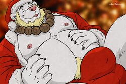 2018 5_fingers anthro balls_outline beard belly black_claws blonde_hair christmas claws closed_eyes clothing coat facial_hair fingers fur hair hat headgear headwear holidays huge_bulge jewelry kone_(madcow100) laugh madcow100 male male_only mammal musclegut muscular muscular_male necklace nipples open_coat overweight overweight_male pink_nipples pink_nose polar_bear pubes santa_coat santa_hat solo topwear underwear ursid ursine wfa white_body white_fur