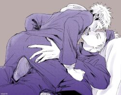 2boys blush blushing_male duo erect_penis erection gay goyuu hand_on_ass hand_on_breast itadori_yuuji jujutsu_kaisen satoru_gojo student teacher teacher_and_student tongue tongue_kiss underwear uniform yaoi young younger_male