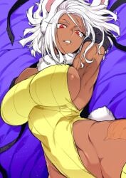 1girls alternate_costume amputee animal_ears armpits arms_up bare_shoulders bed big_breasts breasts bunny_ears bunny_tail clenched_teeth clothing color_edit curvy dark-skinned_female dark_skin double_amputee eyelashes female female_focus female_only fluffy_collar highleg highleg_leotard hips huge_breasts human japanese_text large_breasts legwear leotard looking_at_viewer looking_down medium_hair miruko missing_arm my_hero_academia on_back on_bed parted_lips pinup red_eyes rumi_usagiyama scar shiny_skin sideboob signature sleeveless solo solo_female stockings straps tail takatuki_iti teeth text thighhighs thin_waist voluptuous white_hair wide_hips