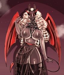 angel angel_humanoid big_breasts bitterrbunzie breasts clothed clothing dark_body dark_skin fallen_angel female genitals hair hazbin_hotel hi_res horn humanoid mature_female multi_eye nipples open_mouth open_smile partially_clothed pussy red_eyes sera_(hazbin_hotel) seraph_(angel) smile tail thick_thighs white_hair wings