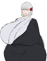 1girl black_kimono breasts gigantic_breasts grey_hair hyper hyper_breasts hyper_thighs japanese_clothes jujutsu_kaisen kimono lips momiji_(artist) short_hair simple_background solo solo_female thick_thighs uraume white_background white_hair