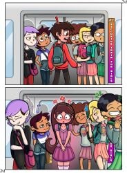 1boy 5girls amity_blight amphibia anne_boonchuy asian_female blonde_hair blush comic crossdressing crossover dark-skinned_female dark-skinned_male disney_channel funny jasonmrcurdy latina_female latino_male luz_noceda marco_diaz marcy_wu meme ponytail princess_marco purple_hair sasha_waybright school_uniform schoolgirl sissification skirt star_vs_the_forces_of_evil subway_train the_owl_house