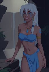 1futa ai_generated angel_light angel_light_(artist) atlantis:_the_lost_empire blue_eyes breasts bulge dickgirl disney futanari kida loincloth navel tubetop white_hair