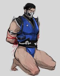 bi-han biceps big_ass bun_hair gay kneeling looking_at_viewer male_focus male_only masked_male mortal_kombat mortal_kombat_1_(2023) muscular_male netherrealm_studios partially_clothed pecs solo_male sub-zero thick_thighs thong tied_arms