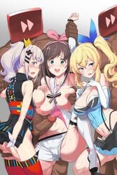 3girls blue_eyes breasts dark-skinned_male female green_eyes groping kaguya_luna kizuna_ai kizuna_ai_inc. mirai_akari mirai_akari_project multiple_girls nervous nervous_smile questionable_consent tagme the_moon_studio virtual_youtuber yanje youtube