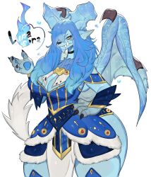 1girls 4_fingers anthro big_breasts blue_body blue_eyes capcom choker clothing elder_dragon english_text fangs female female_only hair_over_one_eye hand_on_hip hi_res horns long_hair looking_at_viewer lunastra monster_hunter pawpads pointy_ears solo text thick_thighs toge77789 togetoge white_background wide_hips wings yellow_eyes