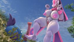 1boy 1girl anthro big_breasts clawed_toes depresso footjob horse_penis horsecock lovander palworld pink_nails pink_nipples puffy_pussy rayhuma sharp_toenails size_difference source_filmmaker_(artwork)
