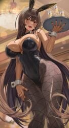 1girls big_breasts bowtie breasts brown_hair brunette brunette_hair bunny_ears bunny_girl bunnysuit carrying cleavage collar cuffs female fishnet_legwear fishnet_stockings fishnets huge_breasts silvertsuki sole_female solo solo_female solo_focus tagme thick_thighs tray wide_hips