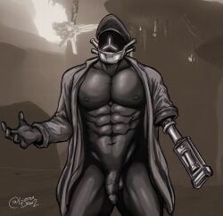 1boy 2022 ambiguous_species arms_spread bara captain_(risk_of_rain) clothing daddy feet_out_of_frame flaccid flaccid_penis game_background gay grey_body greyscale hat helmet helmet_covering_face jacket jacket_only jacket_open lusterdrgn2 male male_only man_boobs manboobs masked masked_male masked_only metallic_body muscles muscular muscular_male nipples pantless prosthetic risk_of_rain risk_of_rain_2 sepia_background shiny_skin shirtless six_pack solo solo_focus solo_male uncut_penis veiny_penis