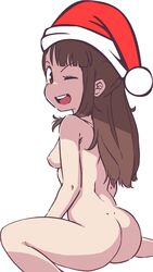 1girls akko_kagari ass atsuko_kagari blinking breasts brown_hair christmas christmas_hat dat_ass female female_only huge_ass kagari_atsuko little_witch_academia long_hair looking_at_viewer looking_back nude sideboob sitting small_breasts smiling solo wink