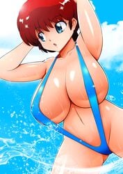 1girls beach bikini blue_eyes cleavage female female_only gender_transformation genderswap_(mtf) huge_breasts large_breasts moyashi open_mouth outdoor ranma-chan ranma_1/2 ranma_saotome red_hair rule_63 sea short_hair sling_bikini solo swimsuit thick_thighs