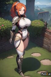 1girls ai_generated armor armored_boots armored_gloves full_body garden huge_ass huge_breasts large_breasts muscular_female ponytail pornx.ai red_hair round_ass standing straight_hair thick_thighs white_skin white_skinned_female