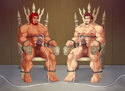 balls bara beard boner chains erection facial_hair fate_(series) hachikenoko_(weigham) iskandar_(fate) male male_only muscles muscular napoleon_bonaparte_(fate) nude penis penis_pump sitting