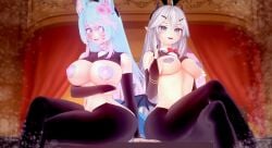 2girls 3d areola_slip areolae big_breasts black_nails blue_hair bowtie bracelet bracelets breasts bunny_ears deluxe_rosie demon_girl demon_horns detached_sleeves flower flower_in_hair heart_pasties hips horns hourglass_figure impossible_clothes indie_virtual_youtuber indoors legs_crossed long_hair looking_at_viewer medium_breasts middle_finger multicolored_hair nipple_bulge open_mouth pasties pink_hair pointy_ears revealing_clothes silvervale sitting smile succubus thick_thighs thighs tight_clothing tights veibae virtual_youtuber white_hair wide_hips wings wolf_ears wolf_girl wolf_tail