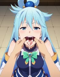 1girls ai_generated aqua_(konosuba) big_breasts blue_eyes blue_hair cum_in_mouth facial female harigane_mental kono_subarashii_sekai_ni_shukufuku_wo! long_hair mosaic_censoring naughty_face pov pov_eye_contact purple_eyes school_uniform spread_mouth swallowing swallowing_cum