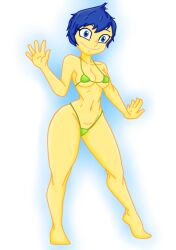 bikini blue_eyes blue_hair disney female female_only green_bikini inside_out inside_out_2 joy_(inside_out) pixar smile smiling smiling_at_viewer yellow_body yellow_skin