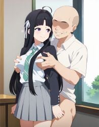 age_difference ai_generated asian asian_female awa_subaru bald bangs big_breasts black_hair breast_grab facial girls_band_cry harigane_mental long_hair naughty_face older_man_and_teenage_girl pov purple_eyes school_uniform ugly_bastard