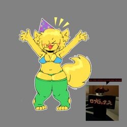 1girls 2d 2d_(artwork) bikini bikini_bottom bikini_top chubby chubby_female dialogue evilgoober excited fluffy furry humor partially_clothed party_hat paws pest_(regretevator) poob_(regretevator) regretevator roblox roblox_game tail text thighhighs yellow_fur yellow_hair