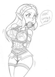 arms_behind_back ball_gag bondage breast_harness breath_of_the_wild crotch_rope femsub gag gagged gagged_speech legs_tied legs_together long_ears long_hair monochrome princess_zelda raya100 solo the_legend_of_zelda the_legend_of_zelda:_breath_of_the_wild zelda_(breath_of_the_wild)