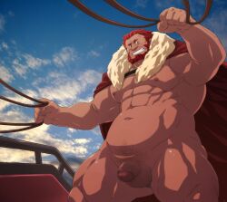 balls bara beard cape censored_penis facial_hair fate_(series) flaccid iskandar_(fate) magumataishi male male_only muscles muscular nude penis solo solo_male