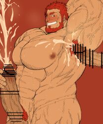 armpit_hair balls bar_censor bara beard big_penis blush boner censor_bar censored censored_penis cum erection facial_hair fate_(series) hand_behind_head iskandar_(fate) male male_only masturbation muscles muscular nude orgasm penis shiro_tora sweat sweating