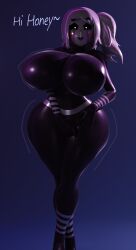1girl 1girls breasts cometfnia curvy curvy_figure dark_background dark_skin female female_focus female_only five_nights_at_freddy's five_nights_at_freddy's_2 five_nights_in_anime glowing_eyes hand_on_hips huge_ass huge_breasts nipples nipples_bulge ponytail puppet_(fnaf) puppet_(fnia) simple_background standing teasing text tongue voluptuous voluptuous_female white_hair wide_hips