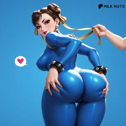 1girls ai_generated ass ass_focus bodysuit brown_eyes brown_hair cameltoe chun-li chun-li_(fortnite) double_bun from_behind hands_on_ass looking_back medium_breasts milk_nuts red_lipstick smile solo_focus spiked_bracelet standing street_fighter