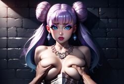 ai_generated armor big_breasts big_breasts blue_eyes buns civitai dungeon earrings embarrassed embarrassed_female eye_shadow eyelashes eyeliner female grabbing_breasts groping groping_breasts hair_bun light_purple_hair lipstick long_hair necklace purple_makeup squeezing_breast
