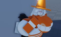 3d 3d_(artwork) ass big_ass big_butt bigger_dom bigger_female blush butt_crush buttcrush cone_hat deviantart image large_breasts mini_giantess partially_clothed pinned_to_wall roblox simple_background simple_shading traffic_cone