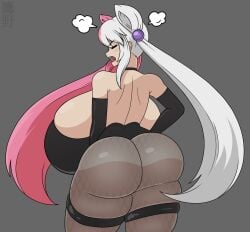 angry ass_focus backboob character_request closed_eyes denial fishnets from_behind gigantic_ass gigantic_breasts hands_on_hips huge_ass logo looking_back pantyhose takano_(artist) watermark