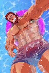 balls bara beard bulge facial_hair fate_(series) flaccid iskandar_(fate) male male_only muscles muscular penis solo solo_male swimming_trunks tsukasa_mat water